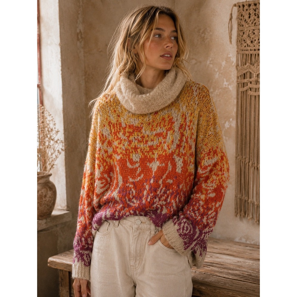 Fate Womens Cowl Neck Oversized Knit Sweater Orange Purple Sunset Pattern Small
